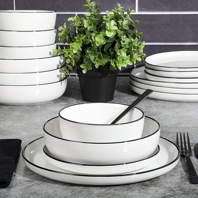 Gibson Home Oslo 16-Piece Porcelain Dinnerware Set, Service for 4 ??White Plates with Black Rim, Microwave & Dishwasher Safe