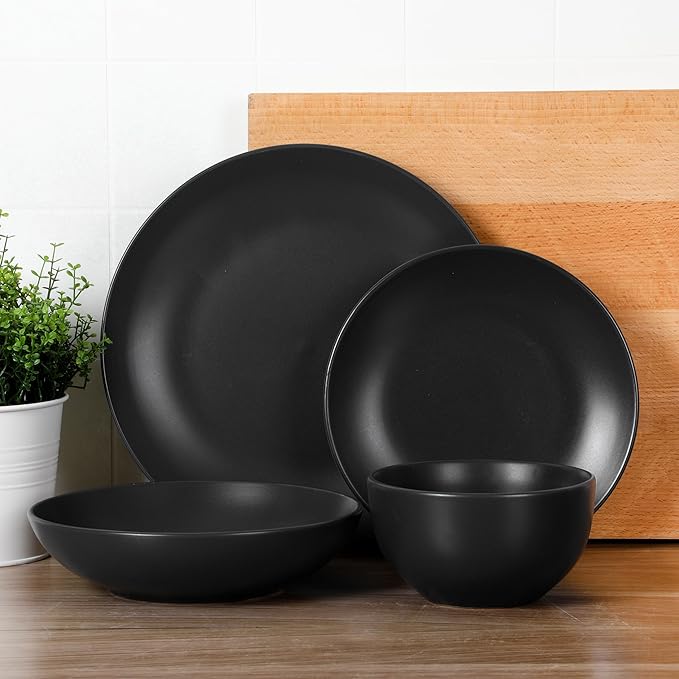 Gibson Home Queenslane 16-Piece Matte Black Stoneware Dinnerware Set ??Double Bowl Plates and Bowls, Durable Kitchen Dinner Set