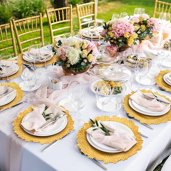Tanlade 100 Pcs Reef Charger Plates Bulk 13 Inch Plastic Wedding Chargers Floral Decorative Plates with Metallic Ruffled Rim for Wedding Party, Holiday Event Supplies(Gold)