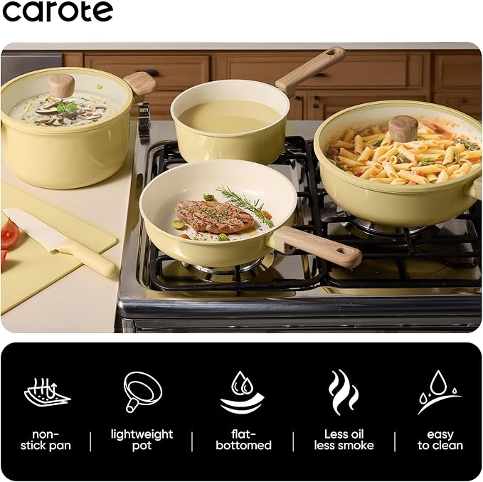CAROTE 16pcs Ceramic Cookware Set, Pots and Pans Non Stick Kitchen Cookware Sets, Pots and Pans Set Cooking Set with Knife Set