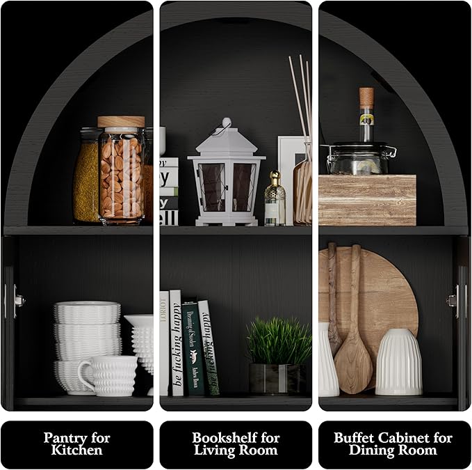 DHH 71" Tall Arched Kitchen Pantry, Modern Farmhouse Wood Kitchens Storage Cabinets with Sliding Doors竊?Adjustable Shelves, Versatile Cupboard for Kitchen, Living Dining Room, Bathroom (Black)