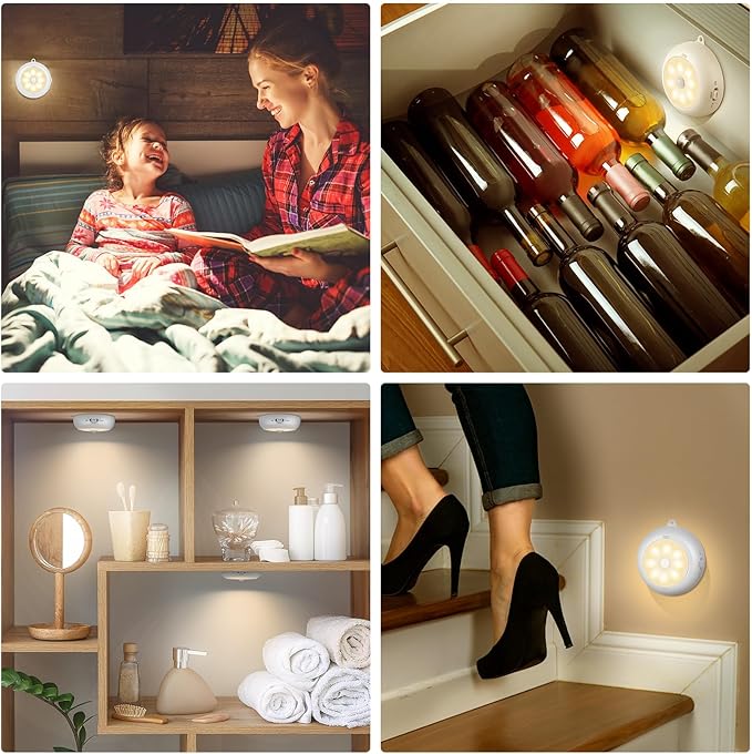 BLS 3.3??Motion Sensor Light Indoor AA Battery Powered, Under Cabinet Lighting Battery Operated, Magnetic Stick on LED Puck Nights Lights for Kitchen, Wall, Stair, Dimmable, 3000K Warm White (3 Pack)