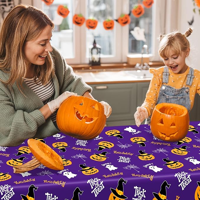 QZYL 2 Pack Halloween Table Cloths, 54 in x 108 in Pumpkin Party Decorations, Purple Black Tablecloth Disposable Plastic Table Cloth Tablecover, Halloween Party Decor Dinnerware Home