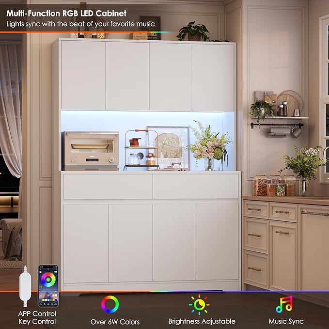 FINETONES 71" Tall Pantry Cabinet with LED Lights and Charging Station, 47.2" Wide Kitchen Pantry Storage Cabinet Kitchen Hutch with Microwave Stand, Tall Storage Cabinet for Living Room, White