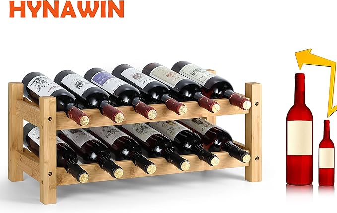 HYNAWIN 2 Tiers Bamboo Wine Rack Free Standing Wine Display Stand Wine Storage Rack Shelf Wine Bottle Holder for Home Living Room Kitchen Bar