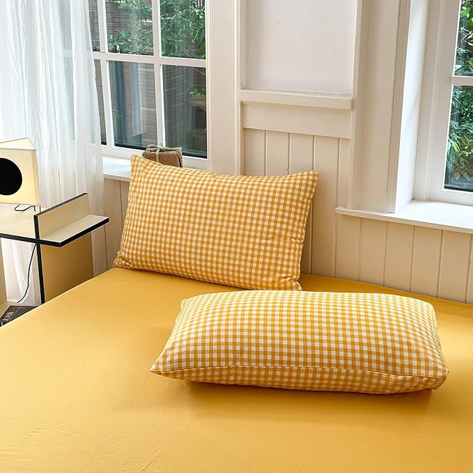 LifeTB Queen Comforter Set Modern Style Yellow Gingham Comforter Geometric Plaid Printed Bedding Comforter with 2 Pillow Shams Fluffy Lightweight Gingham Bedding Grid Checkered Comforter Set