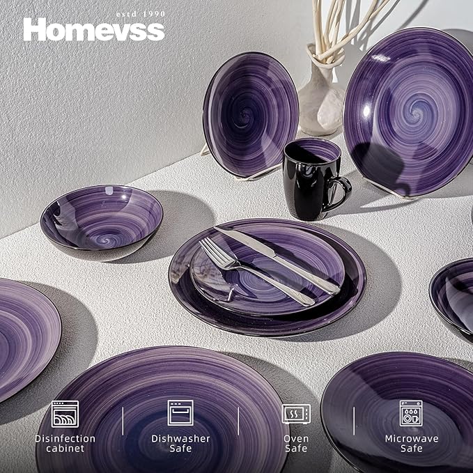 Sonoma 56-Piece Dinnerware Set - Serves for 8, Black and Speckled Purple Plates & Bowls Set | Microwave & Dishwasher Safe | Sonoma Style, Purple