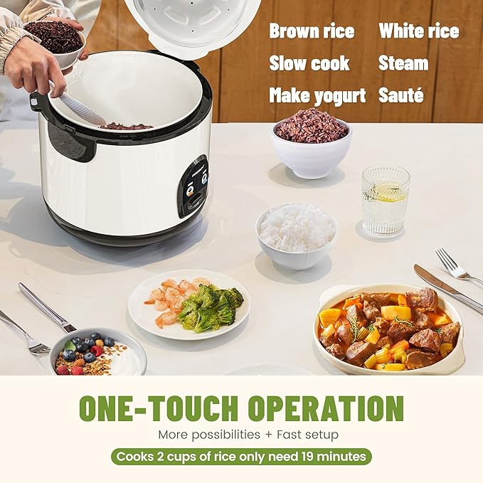 Electric Rice Cooker with One Touch for Asian Japanese Sushi Rice, 10-cup Uncooked/20-cup Cooked, Fast&Convenient Cooker with Steamer, Stainless Steel Housing and Auto Warmer, White