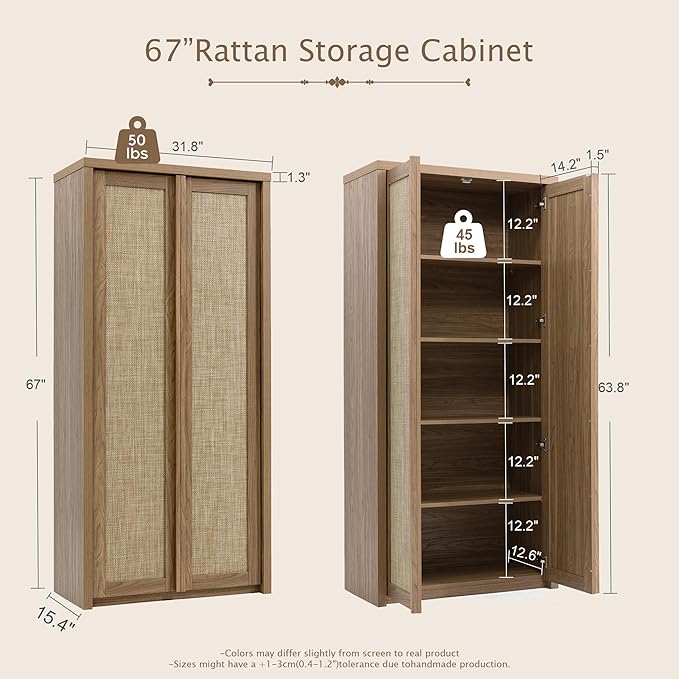 Yechen 67" Tall Kitchen Pantry Cabinet,Rattan Storage Cabinet with Solid Wood Integrated Handleand Adjustable Shelves, Cupboard with Doors for Livingroom, Dining Room, Natural Walnut (2 Piece)