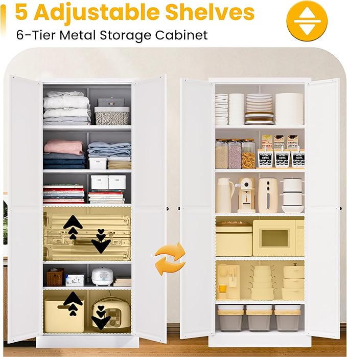 72" Metal Storage Cabinet, Large Capacity Pantry Cabinet with 6-Tier, Kitchen Storage Cabinet with 2 Doors and 5 Adjustable Shelves for Home, Kitchen, Dining, Living Room (White)