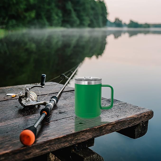 Clear Water Home Goods - (Bulk Pack of 12-15 oz Double Wall Coffee Mug with Lid and Handle, Double Insulated Stainless Steel Travel Tumbler Cup - Powder Coated - Green