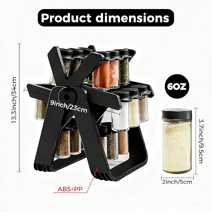 Rotating Spice Rack Organizer Set with 18 Glass Jars - 360째 Revolving Spice Tower for Kitchen Countertop or Cabinet, Complete Organizer with Funnel & Labels, Durable ABS Base with Non-Slip Pads