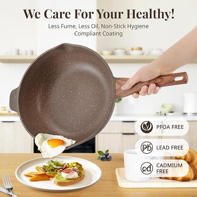 AOSION 11 Inch Nonstick Ceramic Deep Frying Pan Skille with Lid,5QT Saut챕 Pan for Cooking with Steam Rack,Healthy Large Skillet,Stay Cool Handle, Induction Compatible, PFOA & PFAS Free. (BROWN)