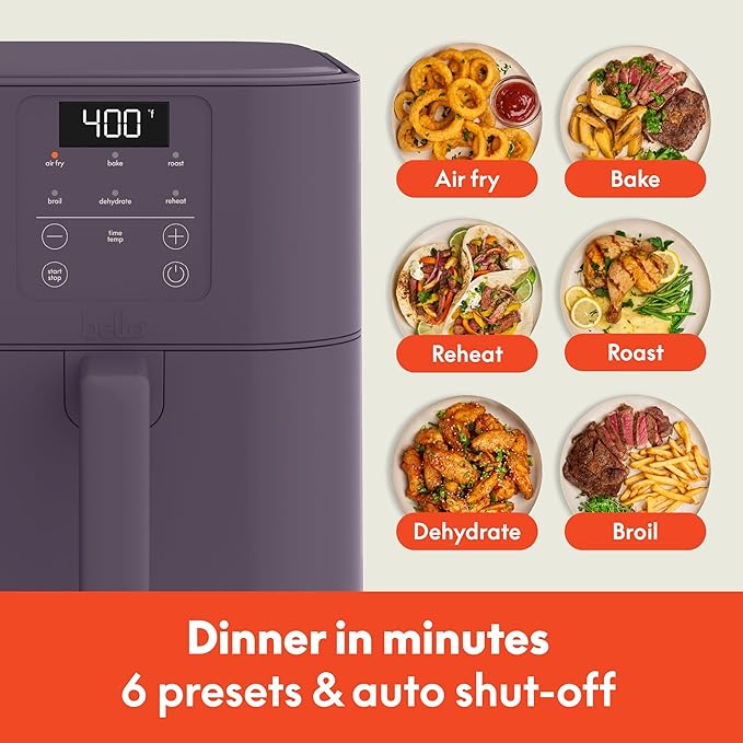 bella 6 Qt Slim Air Fryer, Fits-anywhere??Kitchenware, EverGood??Ceramic Nonstick Coating, Adjustable Temperature, 6 Preset Cooking Options, 60 Min Auto Shutoff w Audible Tone, 5lb Capacity, Plum