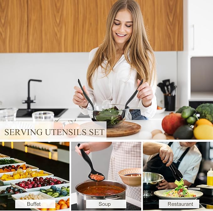 Mwellewm 72Pcs Plastic Serving Utensils Set 9'' Large Disposable Serving Spoons Forks and Tongs for Serving Food Heavy Duty Black Party Utensil Supplies for Buffet Restaurant Picnic Dinner Salad Soup