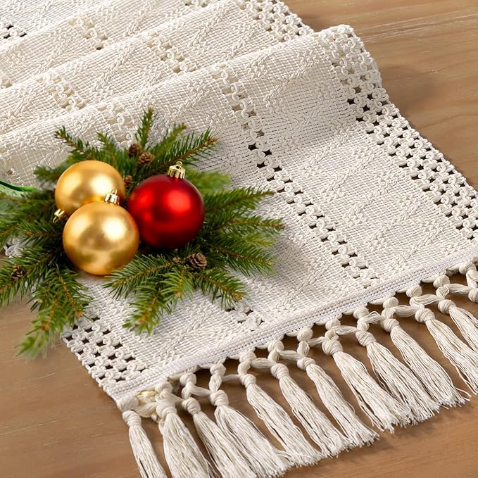 Socomi Boho Table Runner Macrame Valentine's Day Farmhouse Woven Cotton Linen Rustic Coffee Table Runner with Tassels for Dresser Scarf Home Decor Dining Room 12x90 inch Beige