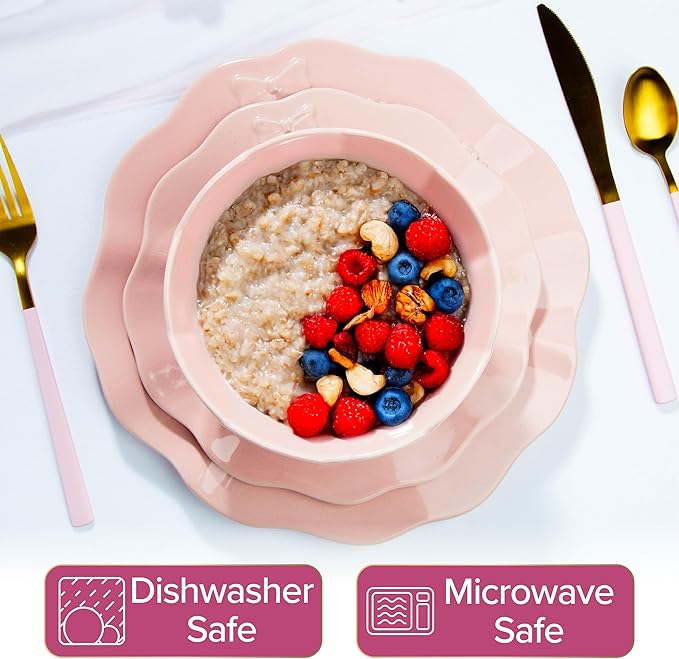 Paris Hilton 12-Piece Dinnerware Set, Embossed Bow Design, Iconic Ceramic Stoneware Service for 4 with Dinner Plates, Salad Plates, and Bowls, Microwave & Dishwasher Safe, Pink