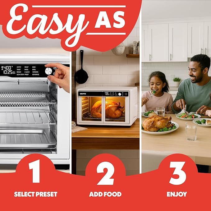 Gourmia French Door Air Fryer Oven - 37 Qt Large Capacity Convection Toaster Oven, FryForce 360°, Digital Display, 12 Cooking Presets, Dehydrate, Fits 13??Pizza, Dishwasher-Safe, White