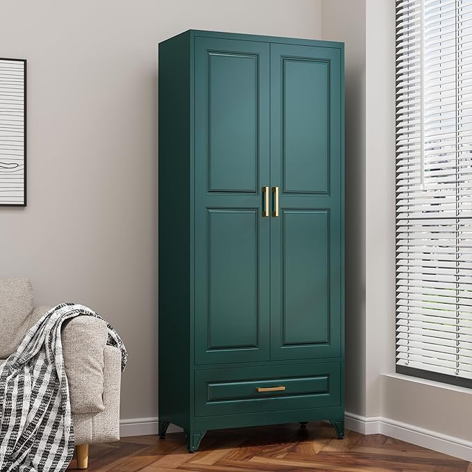 75??Kitchen Pantry Storage Cabinet,Metal Tall Storage Cabinet with Drawers and Adjustable Shelves,Modern Kitchen Hutch Cabinets,Freestanding Cupboard for Living Room,Green