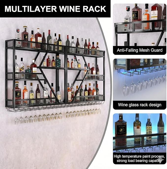 Liquor Bottles Bar Shelves Wall,Metal Bar Shelves Wall Mounted,Wall Mounted Wine Rack with LED Light with Glasses Holder, for Dining Room Home Cellar Industrial Iron Frame for Kitchen (Black, 79in)