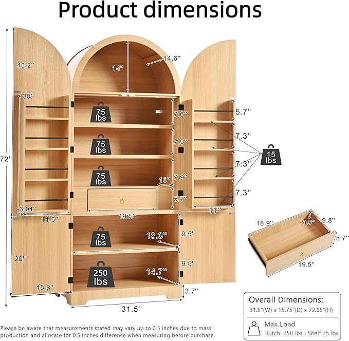 72" Tall Arched Kitchen Pantry, Modern Fluted Wood Storage Cabinet with 3 Adjustable Shelves and Hidden Drawer, Versatile Cupboard for Dining Room, Living Room, Bathroom, Natural