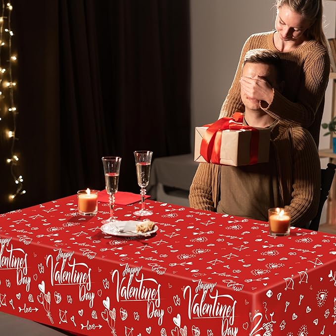 QZYL 2 PCS Valentines Decorations, Disposable 108" X 54" Valentines Tablecloths, Plastic Romantic Red Love Heart Tablecloths, Rectangle Love Table Covers, Galentines Decorations for Memorable Tables