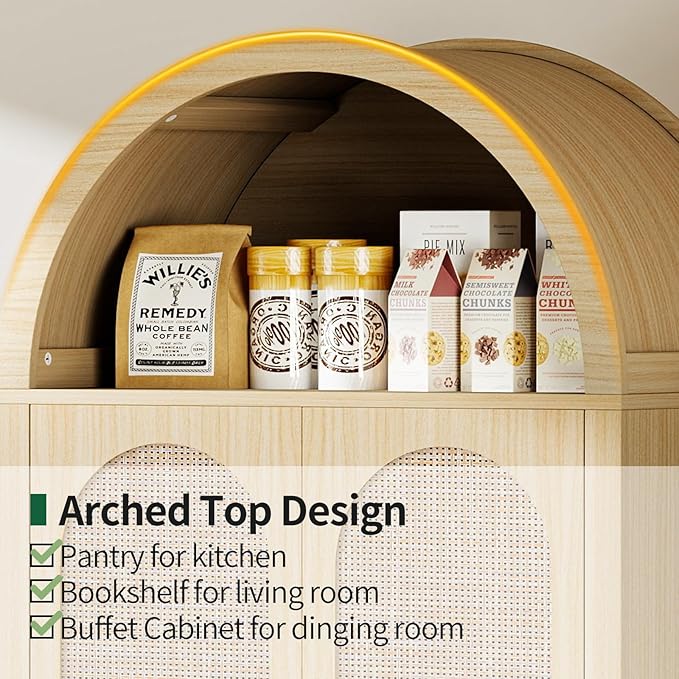 71" Arched Cabinet Kitchen Pantry Cabinet with Rattan Doors, Storage Cabinet with Drawers & Height Adjustable Shelves, Hutch Cabint with Storage, Tall Arched Bookcase for Dining Room Kitchen, Natural