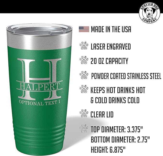 Personalized 20oz (17 Colors) Powder Coated Insulated Stainless Steel Tumbler with Lid, Custom Etched, Customized Engraved Gift Idea for Women Men Her Him, Halpert Monogram Initial Name (Green)