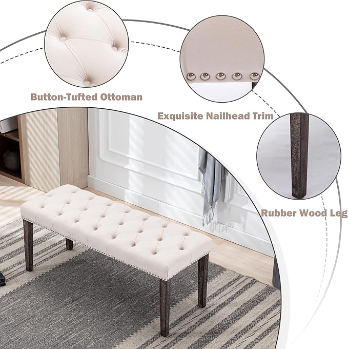 KCC Button-Tufted Ottoman Bench, Upholstered Bedroom Benches Velvet Footrest Stool Accent Bench for Entryway Dining Room Living Room Bedroom End of Bed, Beige