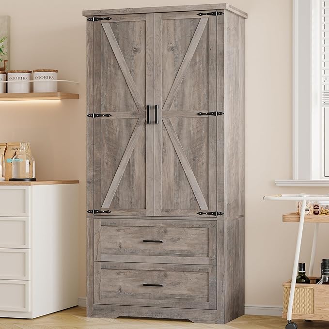 Pantry Organizers and Storage Cabinet, 71??Barn Door White Kitchen Cabinet with Drawers and Adjustable Shelf, Tall Pantry for Kitchen, Dining Room, Living Room. Bathroom and Office