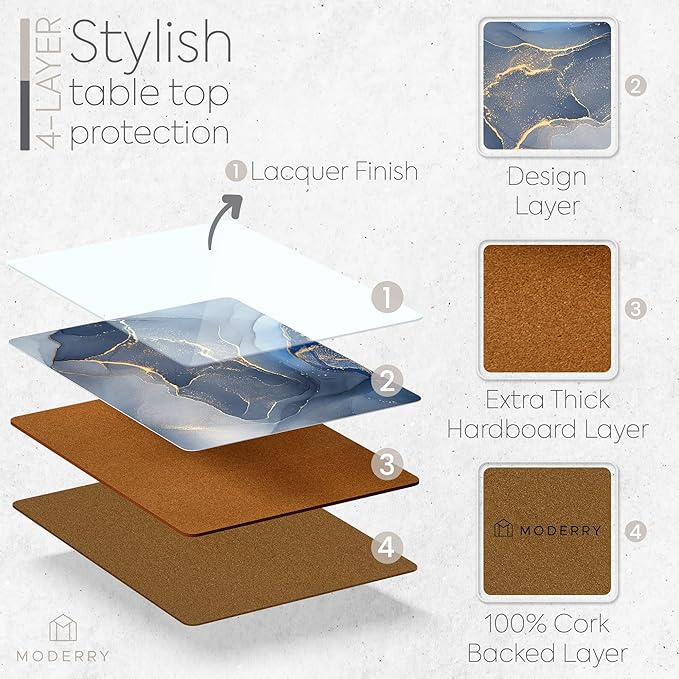Moderry Set of 4 Heat Resistant Cork Placemats for Dining Table with Free Set of 4 Matching Drink Coasters Marble Design 16 x 12 Inches Cork Backed Hard Placemats (Blue & Gold)