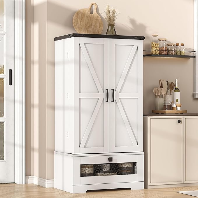 47" Kitchen Pantry Storage Cabinet White Tall Storage Cabinet with Doors, Adjustable Shelves, and Drawer Farmhouse Cupboard for Kitchen, Dining Room, Bathroom 16" D x 24" W x 47"