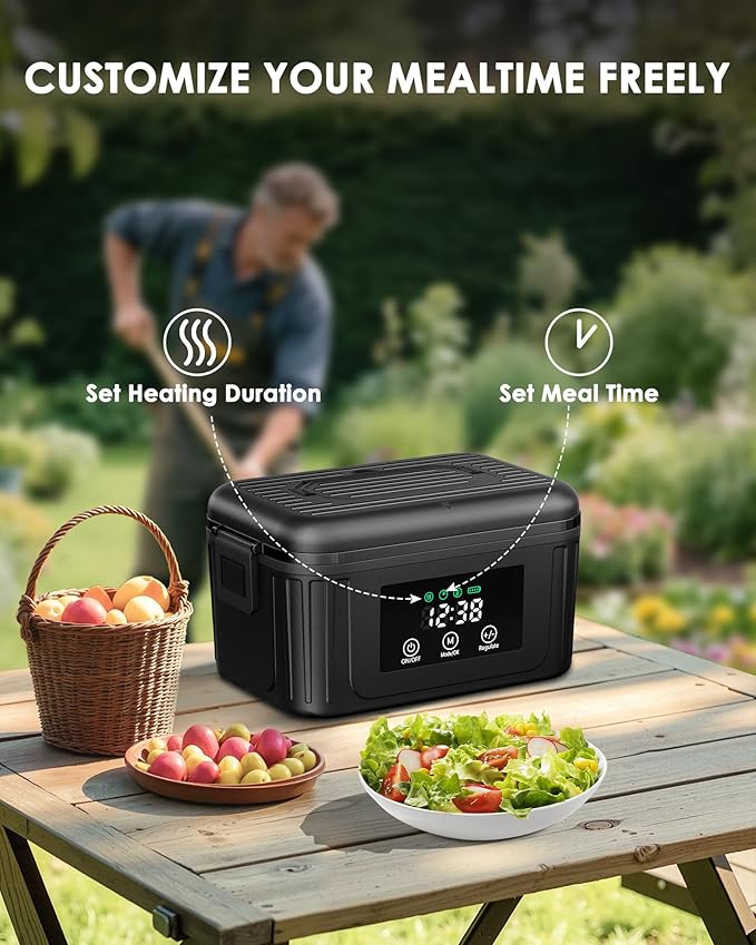 Aurevit Cordless Electric Lunch Box for Adults, 1.4L Heated Lunch Box for Men with Smart Meal Scheduling & Auto Keep Warm, Portable Food Warmer for Car with Insulated Bag, Ice Pack (Meteorite Black)