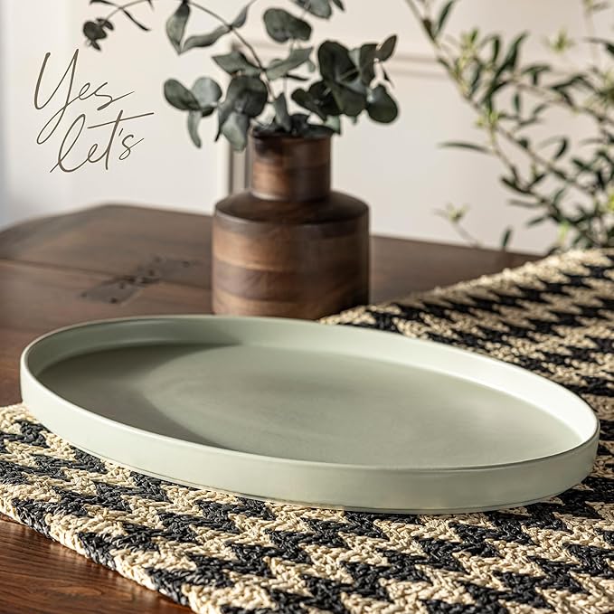Over&Back Stackable Stoneware Serving Platter - Elegant 1-Piece Oval Serving Platter to Complete Your Kitchen Set - Perfect for Appetizers, Desserts, and More - 16" L x 11" W - Semi-Matte Sage