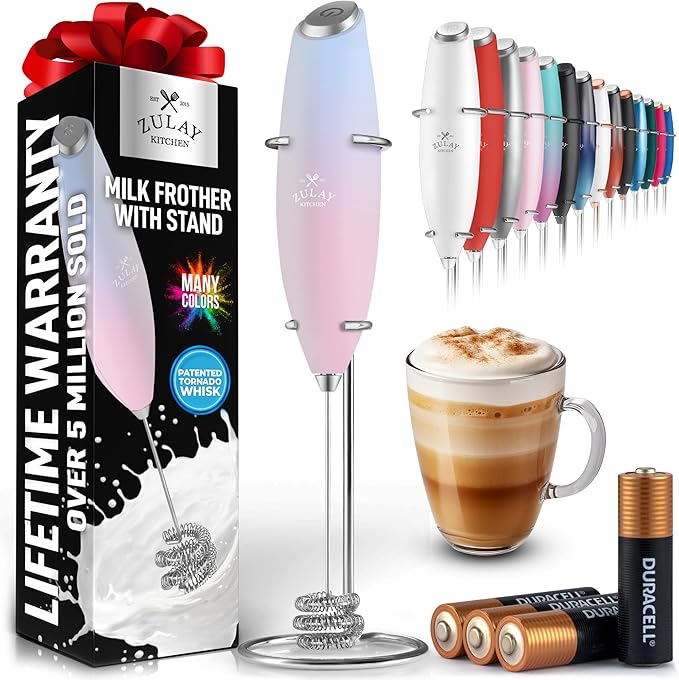 Zulay Kitchen Patented Tornado Triple Whisk Milk Frother with 4 Duracell Batteries ??Handheld Foam Maker for Coffee, Lattes, Matcha & Hot Chocolate ??Rich, Creamy Froth in Seconds