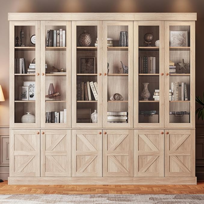71" Tall Farmhouse Kitchen Pantry, Rustic Brown Large Storage Cabinet with Glass Doors, Adjustable Shelves, Wood Versatile Hutch Cabinet for Dining Room, Living Room, 3 Pcs