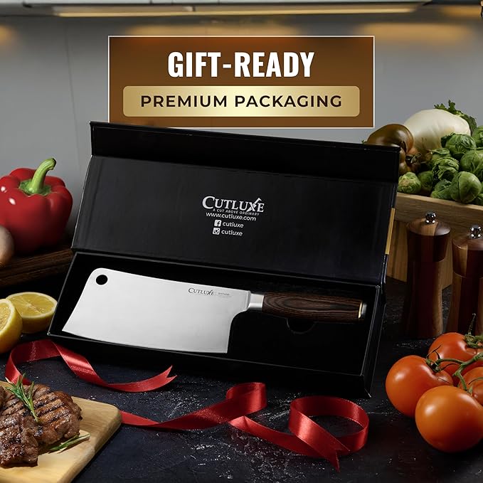 Cutluxe Meat Cleaver Knife ??Ultra Sharp 7" Meat Cleaver, Butcher Knife, High Carbon Stainless Steel Blade, Full Tang Pakkawood Handle ??Shinobi Series