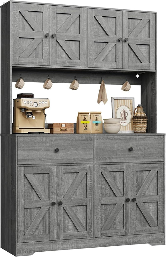 71" Tall Kitchen Pantry Storage Cabinet with Charging Station, 47.2" Wide Kitchen Hutch Cabinet with Large Countertop, Farmhouse Food Pantry with Drawers for Living Room, Gray