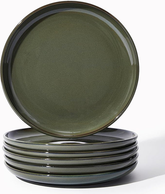Ceramic Plate Set 10 Inch, Terracotta Dinner Plates of 6, Microwave Safe Plate, Large Serving Plates for for Salad Pasta Steak, Blackish Green