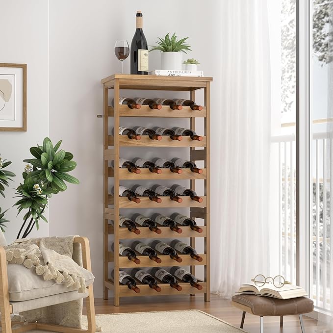 28-Bottle Wine Rack Free Standing Floor, Solid Wood 7-Tier Display Wine Storage Shelves with Tabletop, Wobble-Free Bottle Holder for Cellar Kitchen Bar Dining Room Living Room, Light Brown
