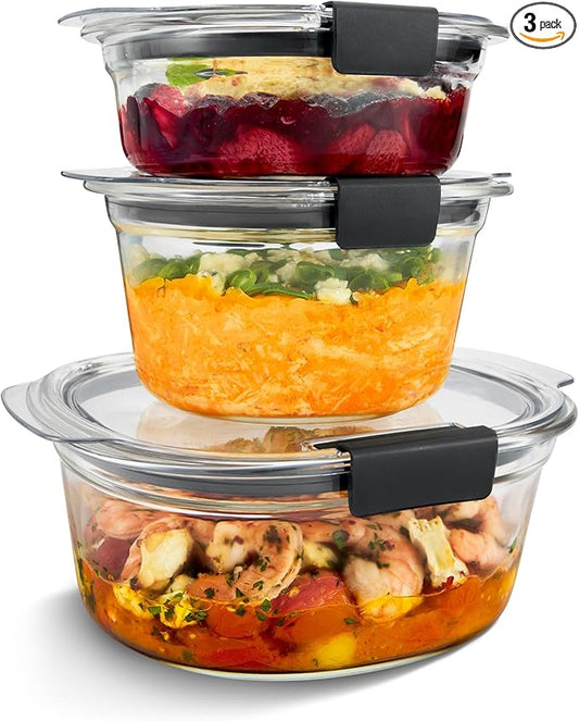 Rubbermaid Brilliance짰 Glass Round Leak-Proof 6-Piece Set Food Storage Containers, Food Containers with Lids, Meal Prep Containers