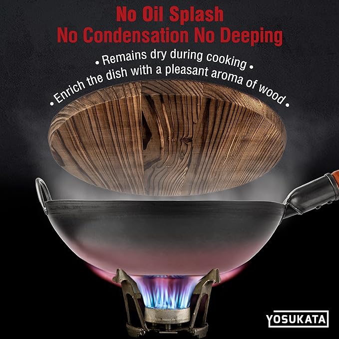 YOSUKATA Carbon Steel Wok Pan ??13,5 ??Stir Fry Pans with Flat Bottom + Premium Wok Cover 13.5 inch Pan Lid + 17?쇺?Spatula and Ladle