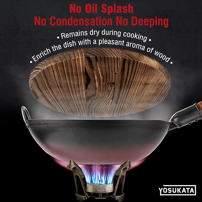 YOSUKATA 13.5??Blue Carbon Steel Wok Pan + Pre-Seasoned Blue Carbon Steel 17-inch Spatula and Ladle + Premium Wok Cover 13.5 inch Pan Lid