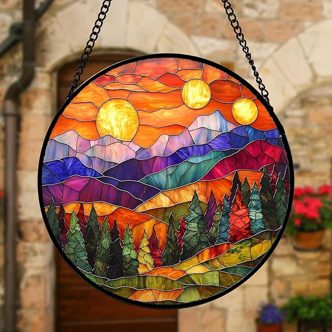 Stained Glass Window Hanging, Sunset Abstract Sun Catchers Colorful Glass Panel Landscape Suncatcher Decor for Birthday for Women, Men, Wife, Aunt, and Mom 9.8 in