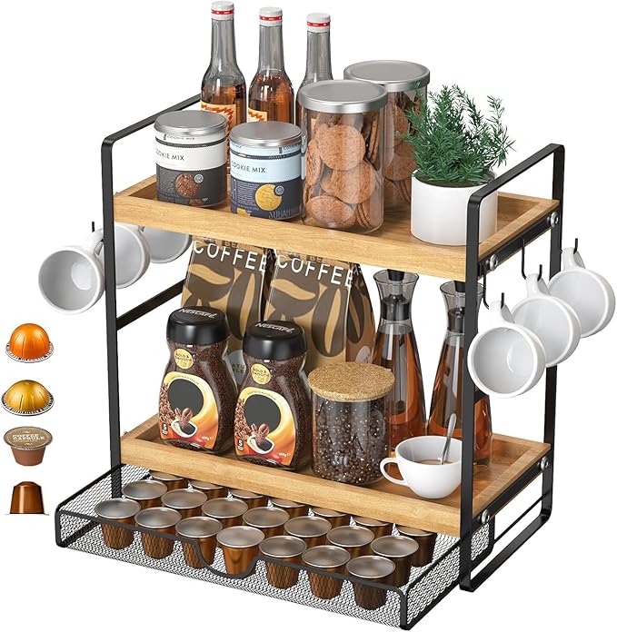 LEMIKKLE 2-Tier Wood Coffee Station Organizer with Pod Holder and Drawer, Kitchen Countertop Organizer, Coffee Bar Accessories Station with Coffee Pod Storage, Coffee Organizer