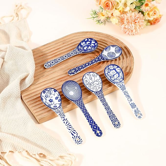 Selamica Ceramic Soup Spoons, 6.2 Inch Small Serving Spoons for Cereal, Yogurt, Dips, Ice Cream, Spoon Set of 6, Dishwasher & Microwave Safe, Vintage Blue