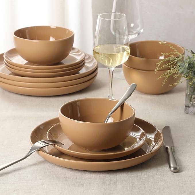 Gibson Home Rockaway 12-Piece Round Stoneware Dinnerware Set, Service for 4 ??Beige Plates and Bowls, Modern Matte Finish, Microwave & Dishwasher Safe