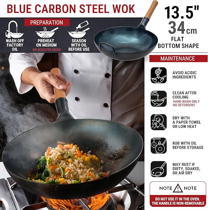 YOSUKATA 13.5??Blue Carbon Steel Wok Pan + Pre-Seasoned Blue Carbon Steel 17-inch Spatula and Ladle + Premium Wok Cover 13.5 inch Pan Lid