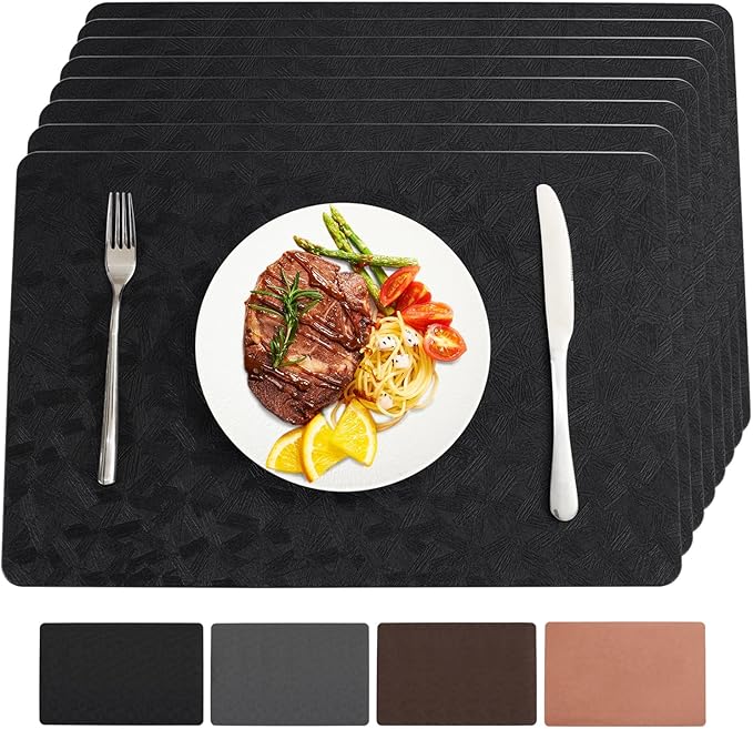 Bxzandya Vinyl Placemats Set of 8 Heat Resistant Easy Clean Non-Slip Place Mats for Dining Table Faux Leather Waterproof Stain Resistant Wipeable Washable PVC Table Mats(8, Black)
