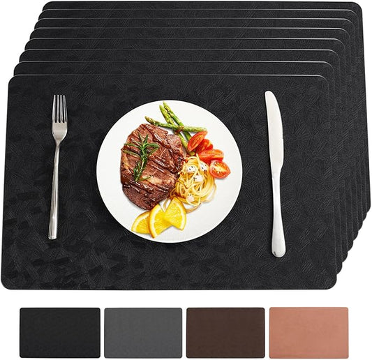 Bxzandya Vinyl Placemats Set of 8 Heat Resistant Easy Clean Non-Slip Place Mats for Dining Table Faux Leather Waterproof Stain Resistant Wipeable Washable PVC Table Mats(8, Black)